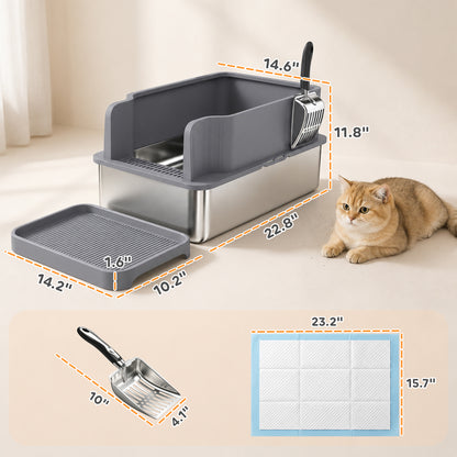 PawHut Stainless Steel Sifting Litter Box for Pine Pellets, Large Metal Litter Box with Sifter Tray, Metal Scoop, 10 Pee Pads