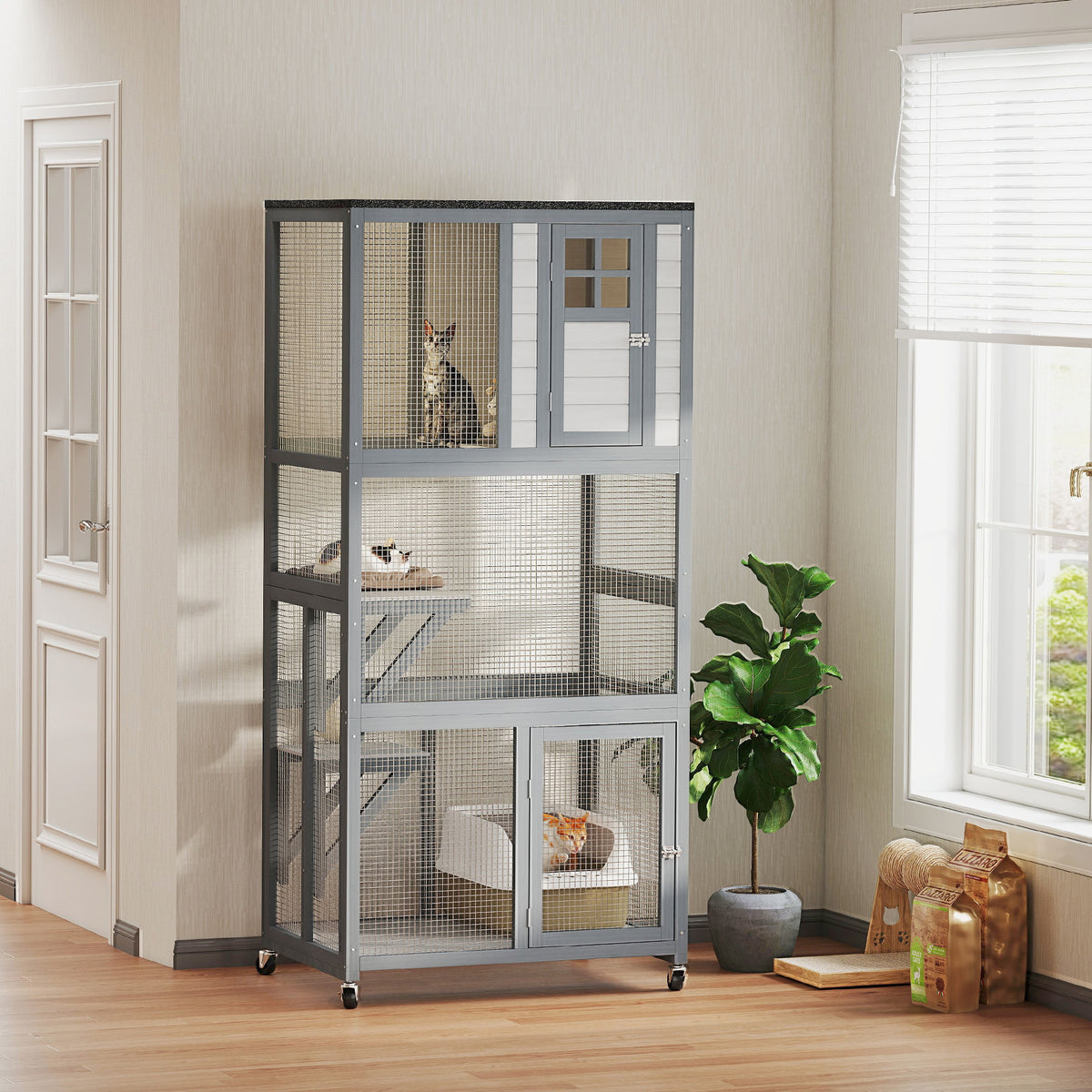 PawHut 74" Wooden Outdoor Cat House Catio with High Weight Capacity, Cat Cage Condo, Light Gray | Aosom.com