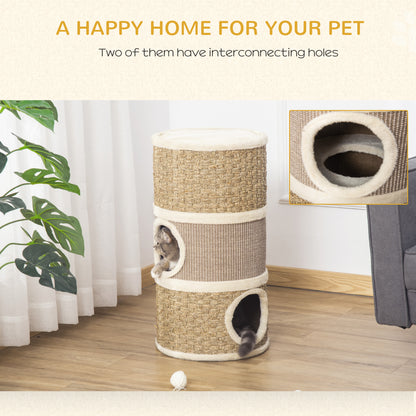 PawHut 28" Multi-Level Cat Condo with Sisal Scratching Pad 3 Story Hideaway for Cats Brown | Aosom.com