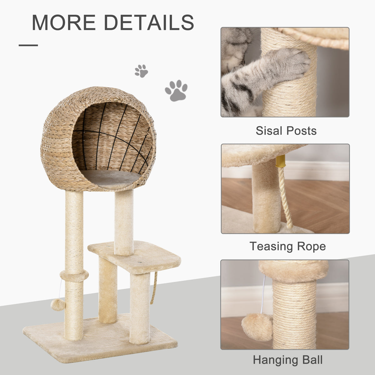 PawHut Modern Cat Tree with Sisal Scratching Post Condo and Hanging Rope 39"H, Beige