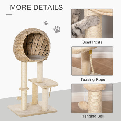 PawHut Modern Cat Tree with Sisal Scratching Post Condo and Hanging Rope 39"H, Beige