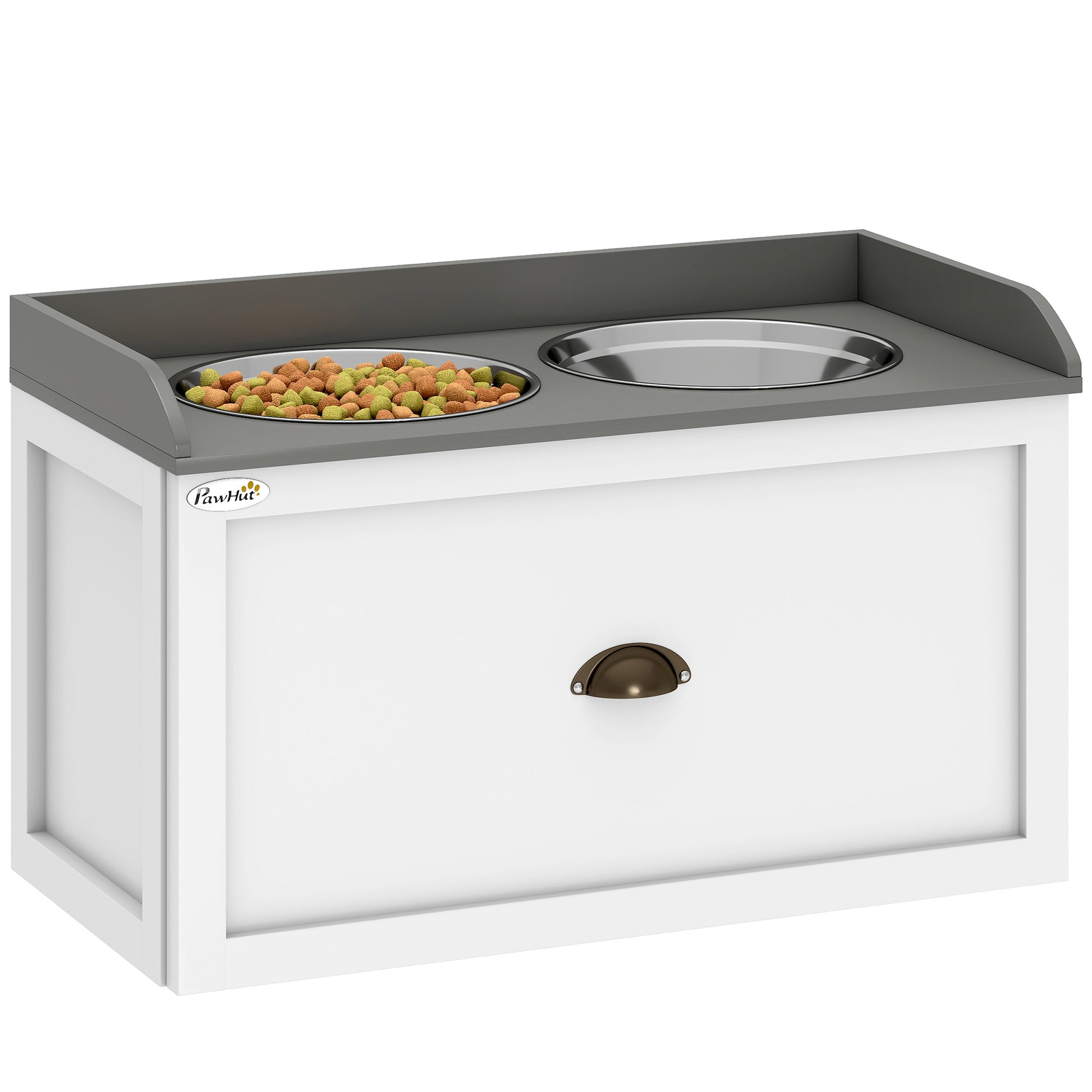 PawHut Raised Pet Feeder, Large Pet Dish Bowl Set with Storage Drawer, 2 Steel Bowls, White | Aosom.com