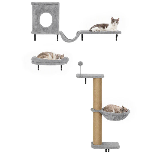 PawHut 3-In-1 Cat Wall Shelves with Condo, Bed, Hammock, Scratching Post and Spring Ball, Gray