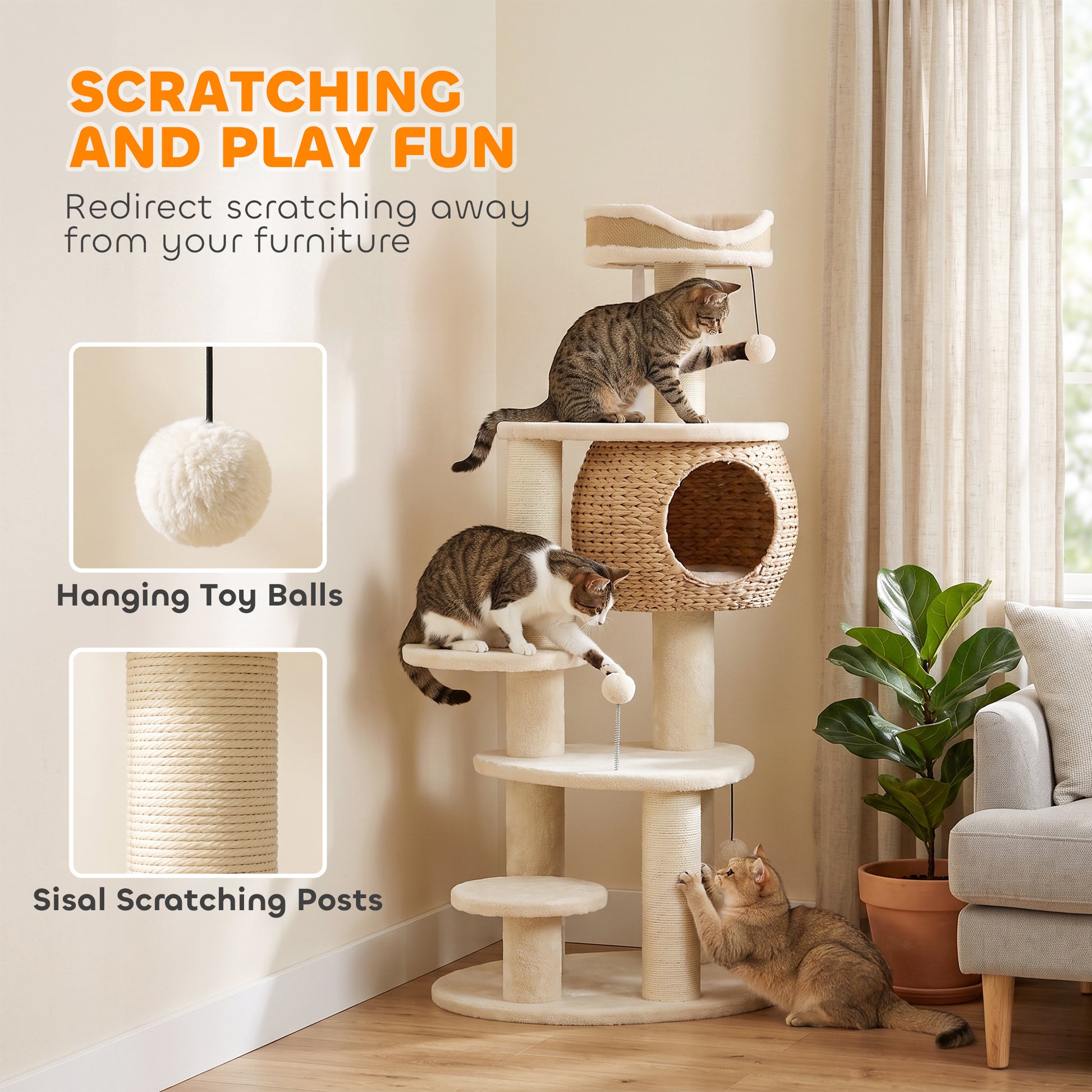 PawHut 52" Cat Tree, Cat Tower with Handwoven Cattail Condo, Bed, Platforms, 3 Scratching Posts and 3 Toy Balls