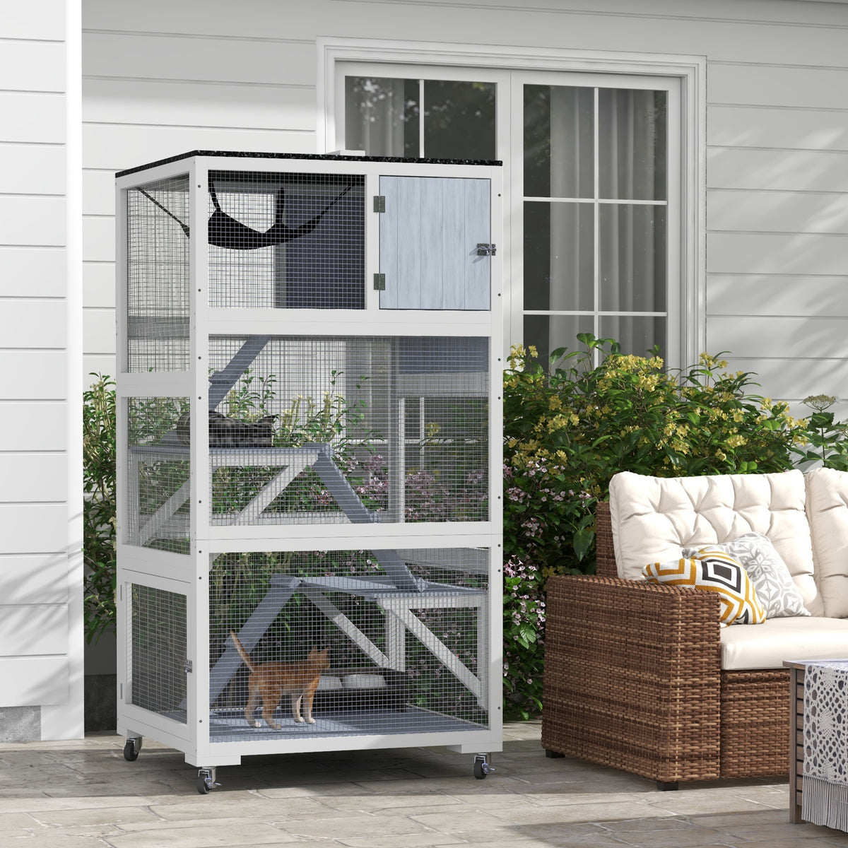 PawHut Outdoor Cat Enclosure Catio for Cats with Wheels, Weatherproof Catio with Multi-Level, Hammock for 1-3 cats up to 12lbs, Gray | Aosom.com