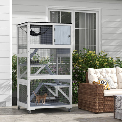 PawHut Outdoor Cat Enclosure Catio for Cats with Wheels, Weatherproof Catio with Multi-Level, Hammock for 1-3 cats up to 12lbs, Gray | Aosom.com