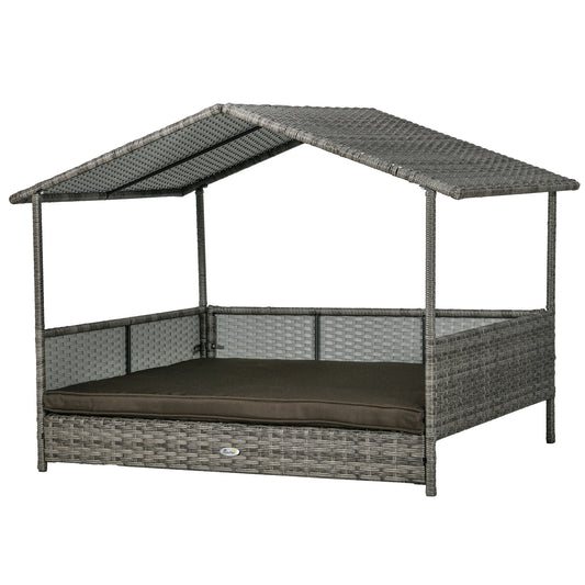 PawHut Rattan Outdoor Dog Bed with Canopy Soft Cushion Removable Cover Medium Large Dogs Charcoal Gray | Aosom.com