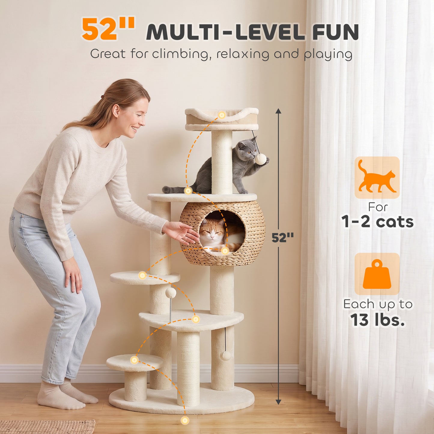 PawHut 52" Cat Tree, Cat Tower with Handwoven Cattail Condo, Bed, Platforms, 3 Scratching Posts and 3 Toy Balls