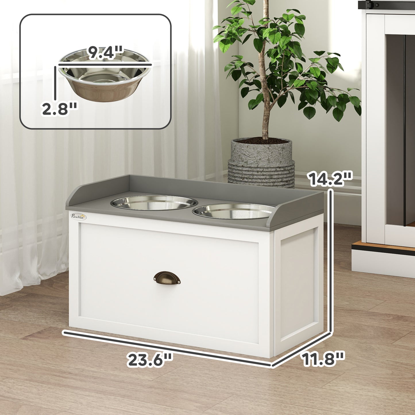 PawHut Raised Pet Feeder, Large Pet Dish Bowl Set with Storage Drawer, 2 Steel Bowls, White | Aosom.com