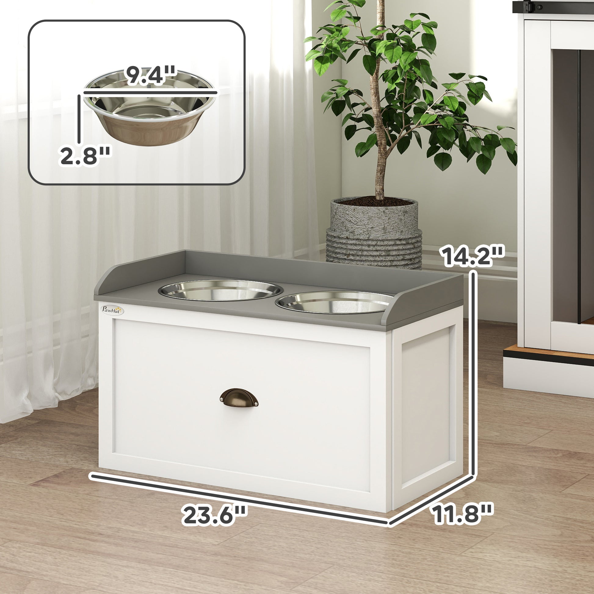 PawHut Raised Pet Feeder, Large Pet Dish Bowl Set with Storage Drawer, 2 Steel Bowls, White | Aosom.com
