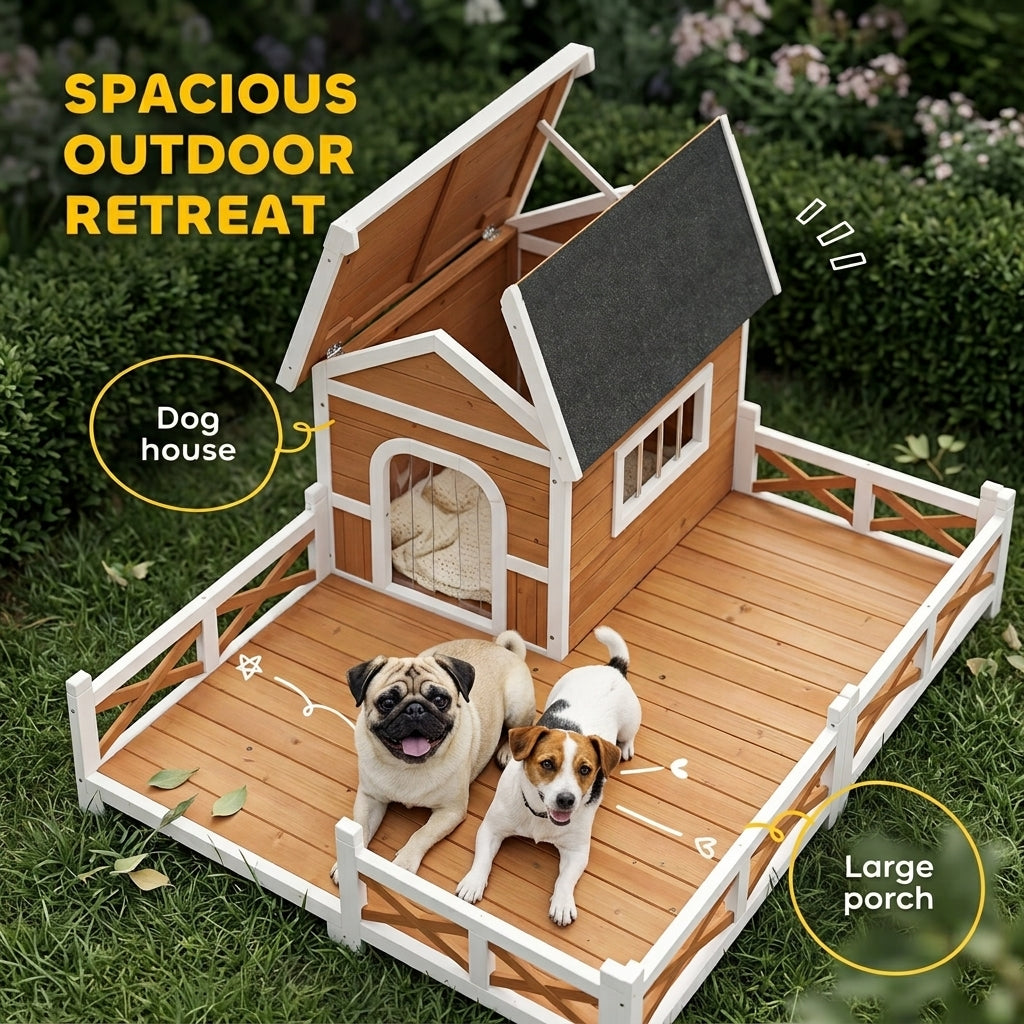 PawHut Outdoor Wooden Dog House, Dog Shelter with Large Porch, Weatherproof & Openable Roof, Elevated Base, Removable Floor