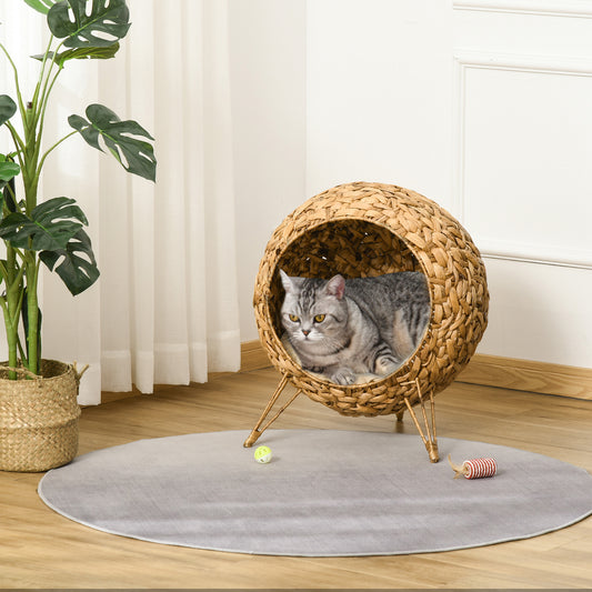 PawHut 20.5 Weaved Cat Bed Elevated Hand Made Cat House Condo with Cushion Brown | Aosom.com