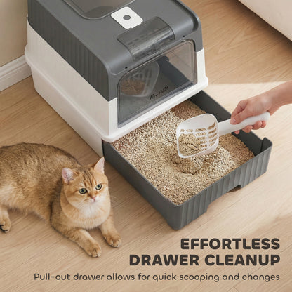 PawHut Cat Litter Box Hooded Cat Litter Tray with Drawer Pan Front Entry & Top Exit Easy Cleaning Gray