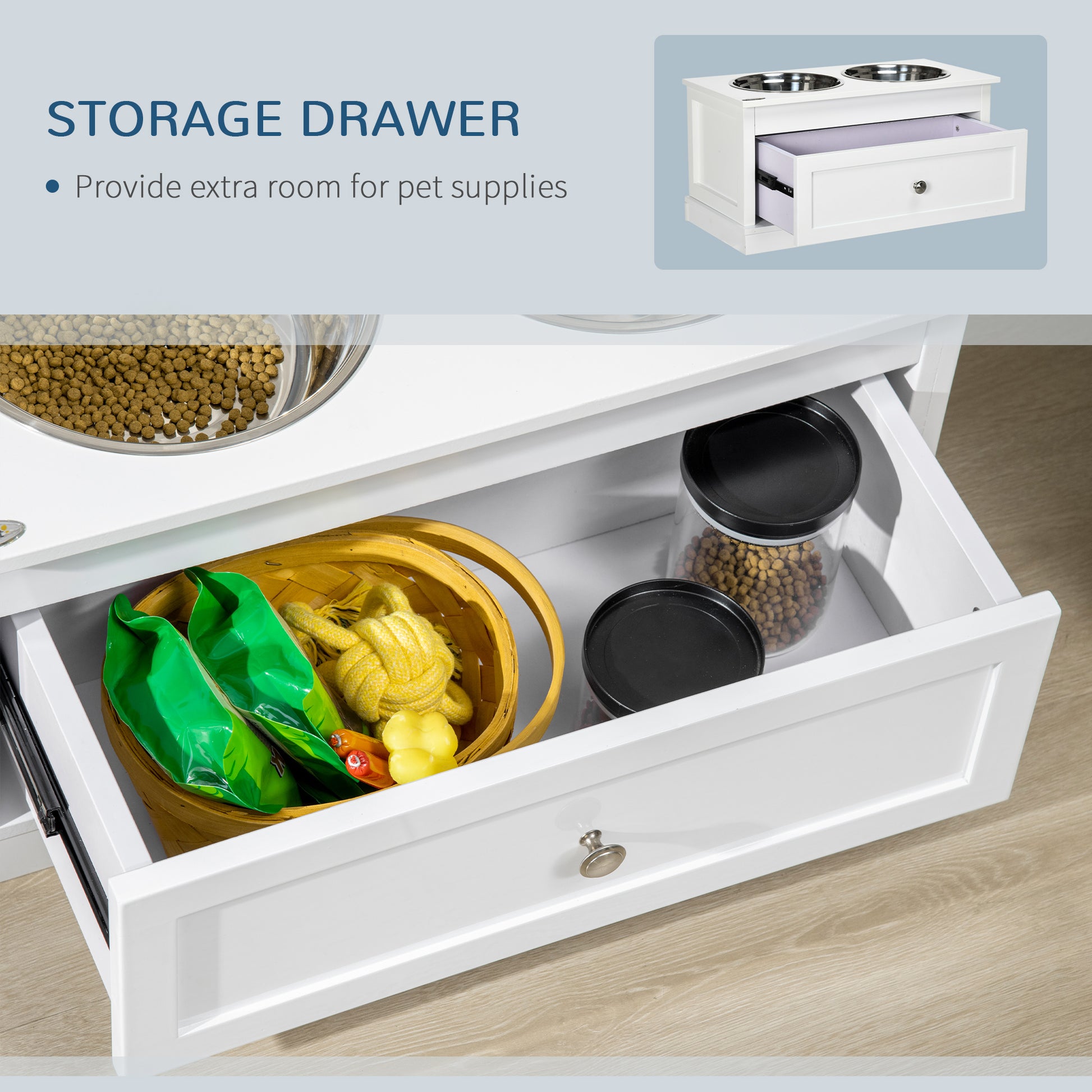 PawHut Elevated Dog Bowls Large Dog Feeder Station with 2 Stainless Steel Bowls Storage Drawer Wood Stand White | Aosom.com
