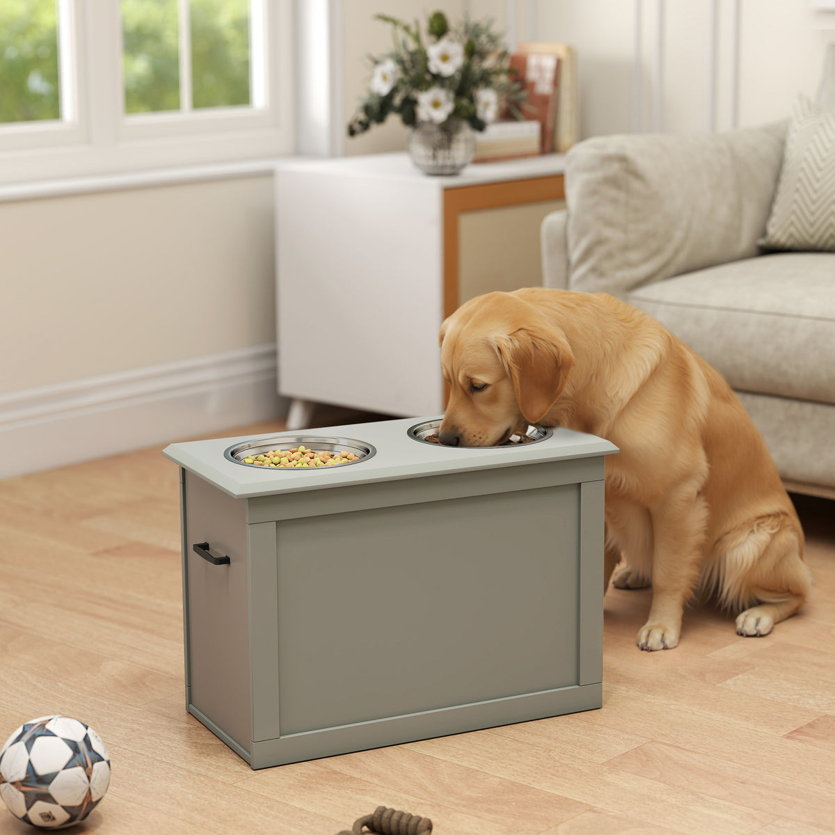 PawHut Raised Dog Feeding Station with 2 Stainless Steel Bowls and Storage for Large Dogs and Other Large Pets Gray