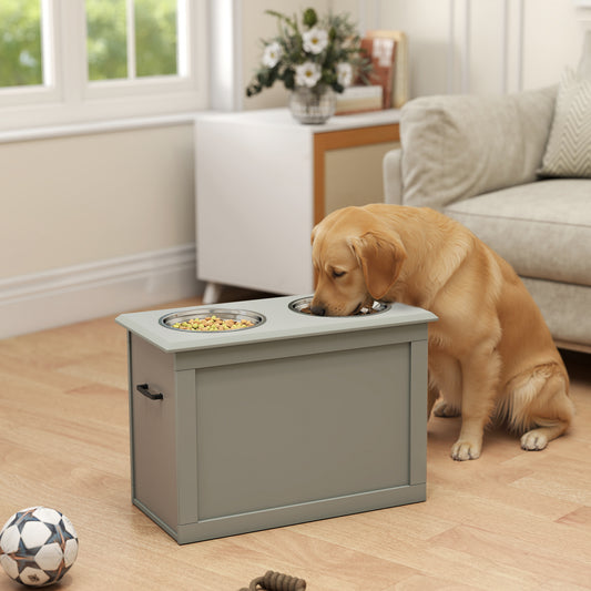 PawHut Raised Dog Feeding Station with 2 Stainless Steel Bowls and Storage for Large Dogs and Other Large Pets Gray