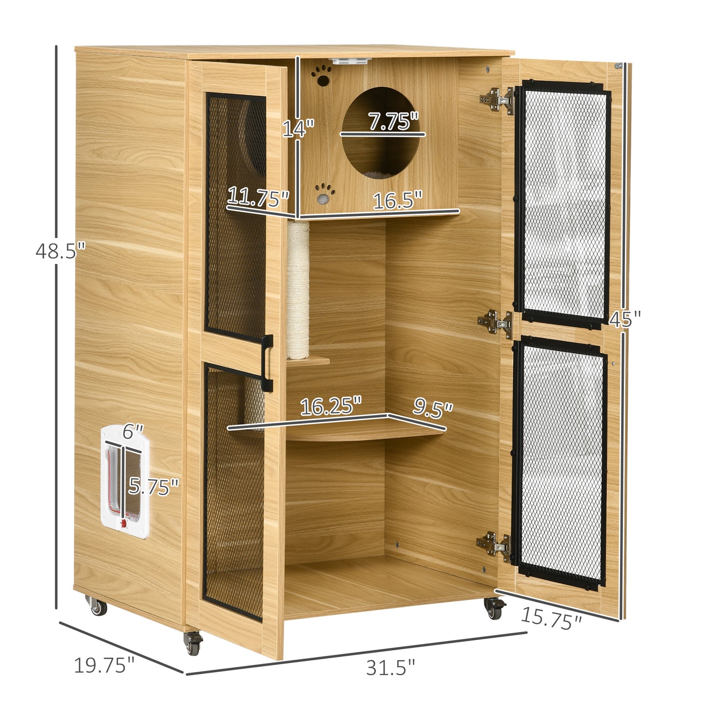 PawHut Cat House with Cat Tree, Kitty Cage with Scratching Posts Condo Cat Enclosure Lockable Wheels, Oak| Aosom.com