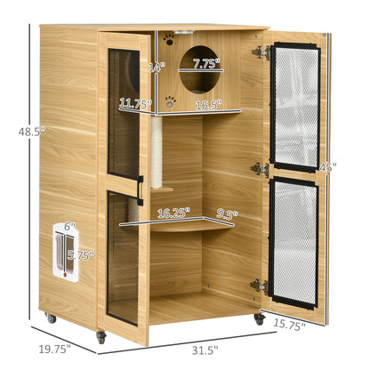 PawHut Cat House with Cat Tree, Kitty Cage with Scratching Posts Condo Cat Enclosure Lockable Wheels, Oak| Aosom.com