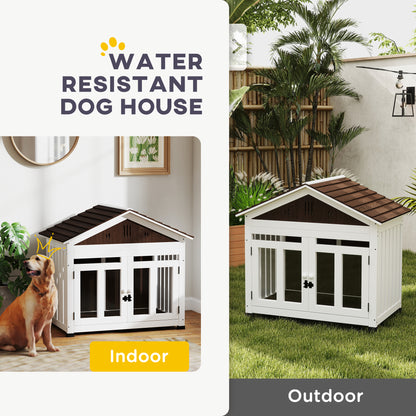 PawHut 40"L Wooden Dog House Outdoor Indoor for Small, Medium, Large Dogs, with Air Vents & Elevated Removable Floor