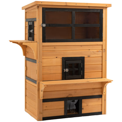 PawHut 3-Tier Cat House Feral Cat House, Outdoor Kitten Condo with Raised Floor, Asphalt Roof, Escape Door, Jumping Platform, Yellow| Aosom.com