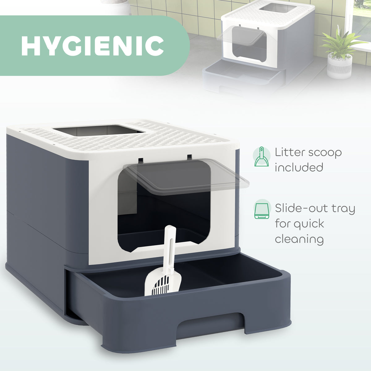 PawHut Cat Litter Box with Lid, Scoop, Front Entry, and Top Exit for Large Cats Up to 13 lbs., White | Aosom.com