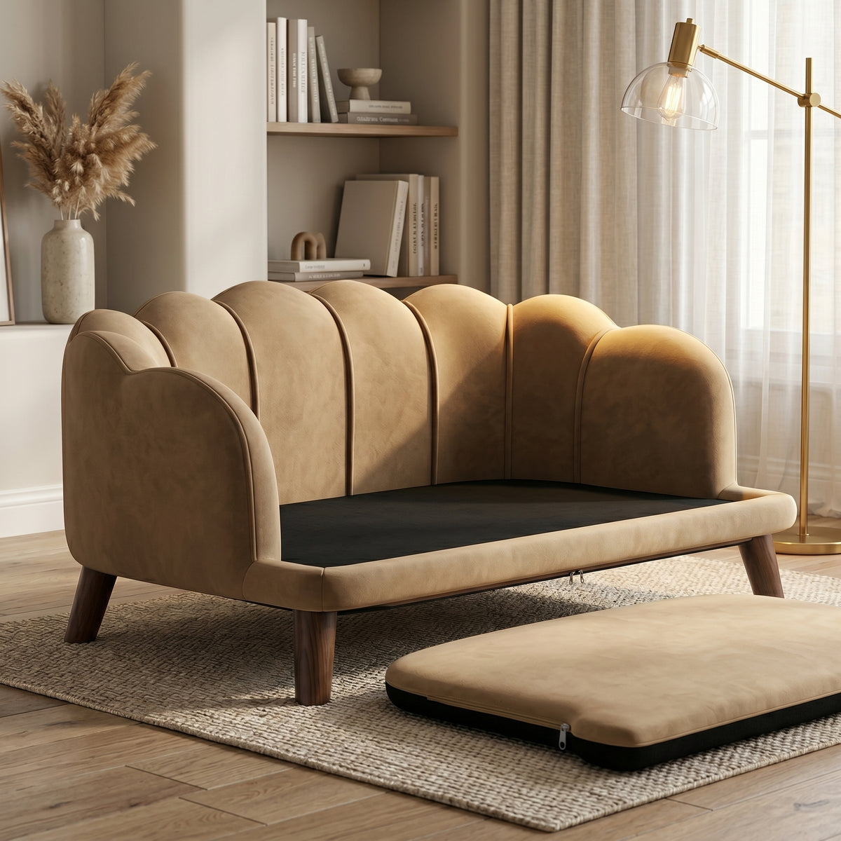 PawHut Pearl Pet Sofa, Velvet Dog Couch with Wood Legs, Coffee