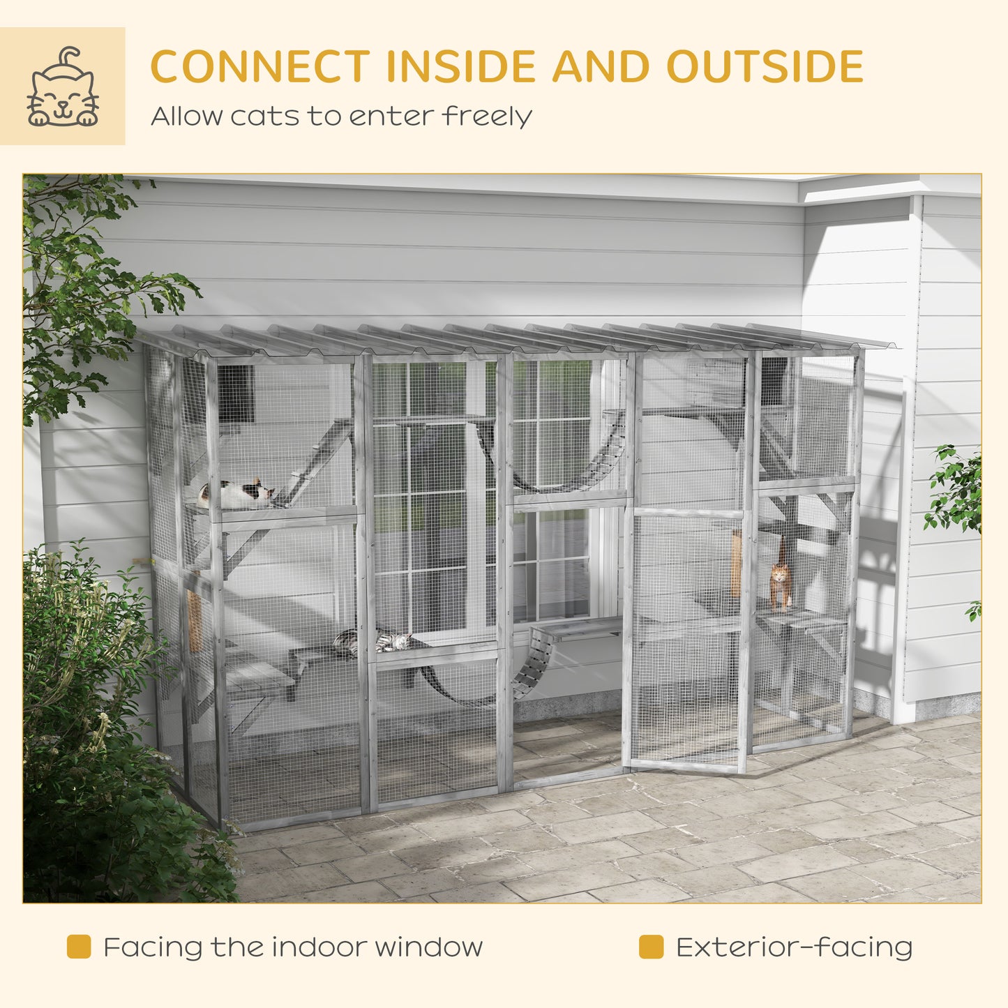 PawHut Outdoor Cat Cages Enclosures, Wooden Outdoor Cat House, Weather Protection Roof, Cat Shelter Kitten Playpen with Shelves & Bridges