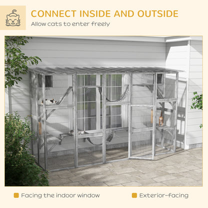 PawHut Outdoor Cat Cages Enclosures, Wooden Outdoor Cat House, Weather Protection Roof, Cat Shelter Kitten Playpen with Shelves & Bridges