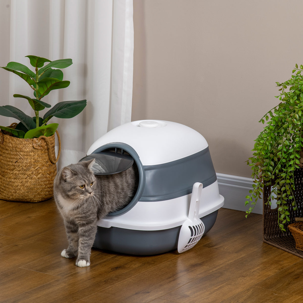 PawHut Dome Covered Cat Litter Box, Sleek Design with Lid, White and Gray | Aosom.com