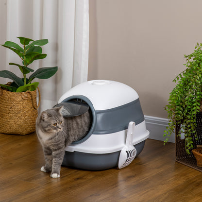 PawHut Dome Covered Cat Litter Box, Sleek Design with Lid, White and Gray | Aosom.com