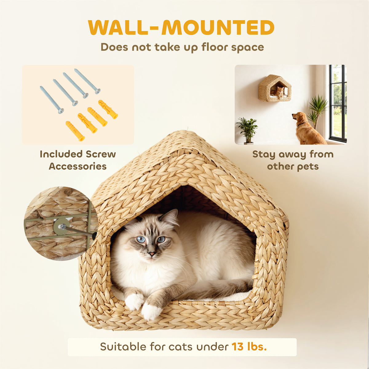 PawHut Wall Mounted Cat House, Cat Wall Furniture, Cat Wall Shelf with Washable Cushion, Natural