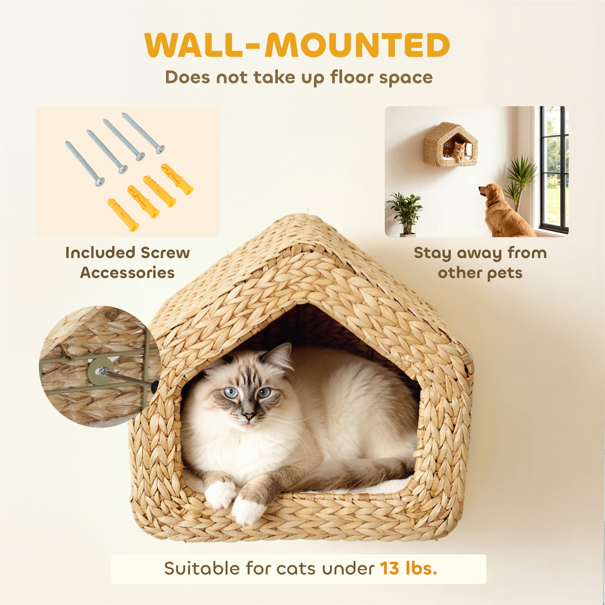 PawHut Wall Mounted Cat House, Cat Wall Furniture, Cat Wall Shelf with Washable Cushion, Natural
