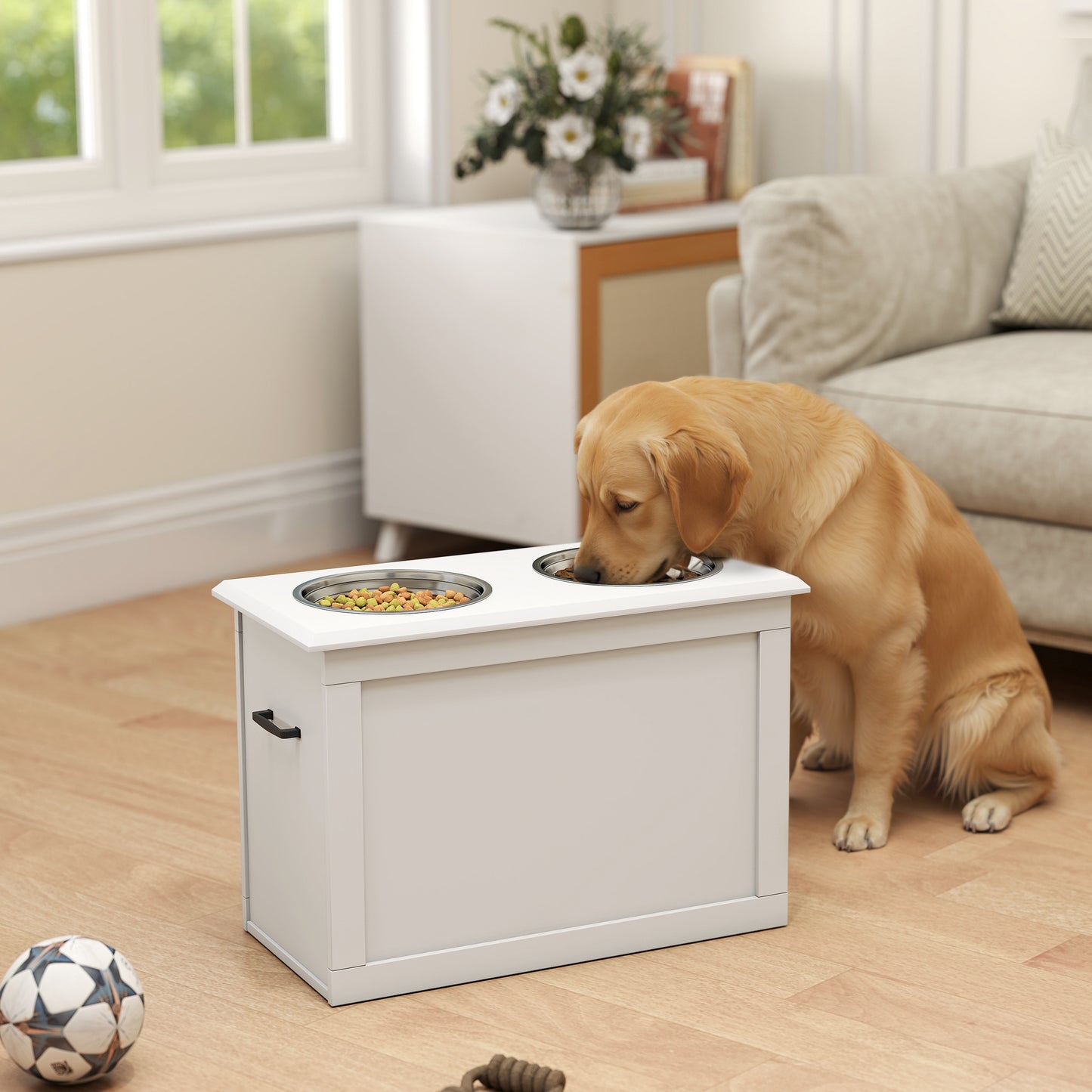 PawHut White Raised Pet Dining Station with Food Storage and Steel Bowls for Big Pups | Aosom.com