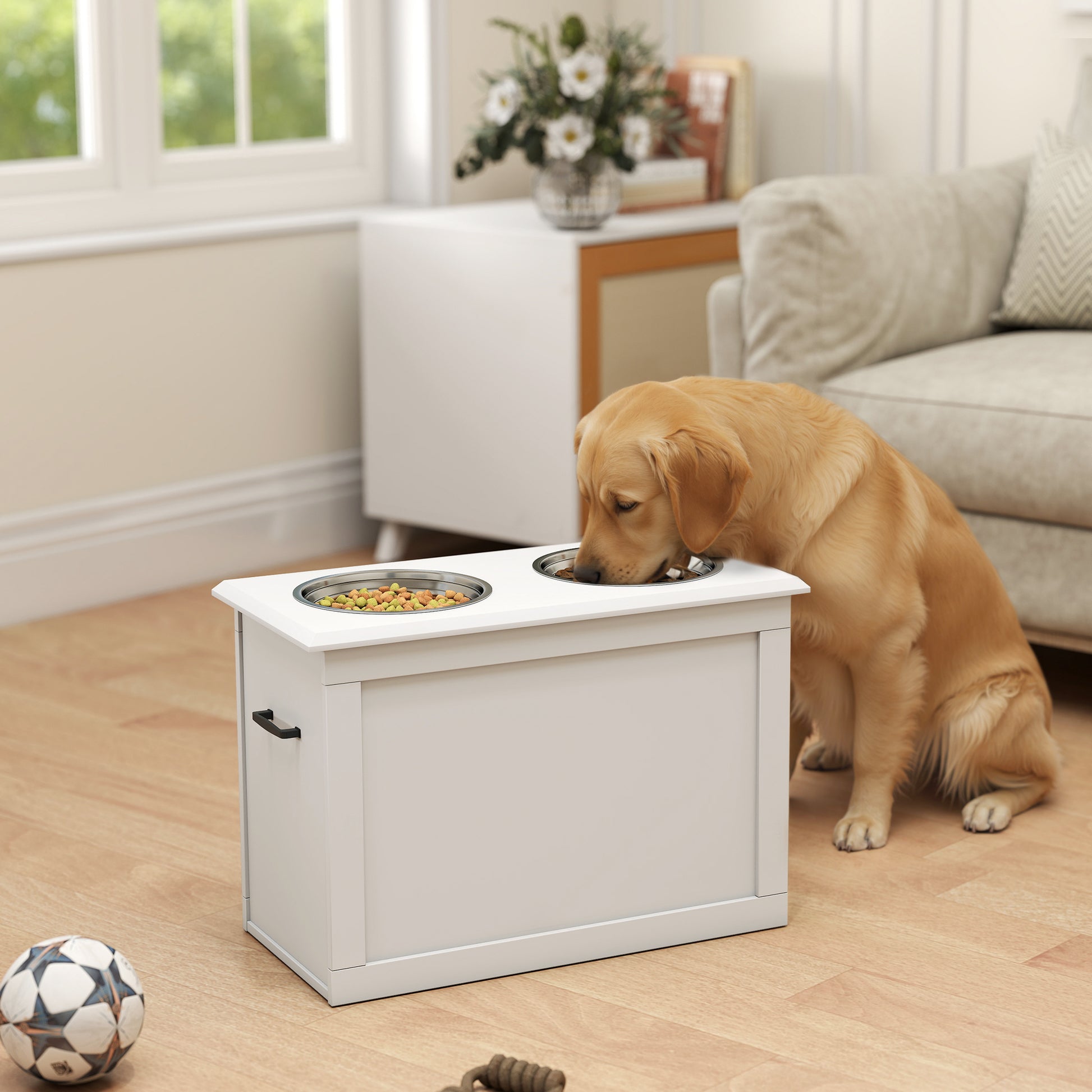 PawHut White Raised Pet Dining Station with Food Storage and Steel Bowls for Big Pups | Aosom.com