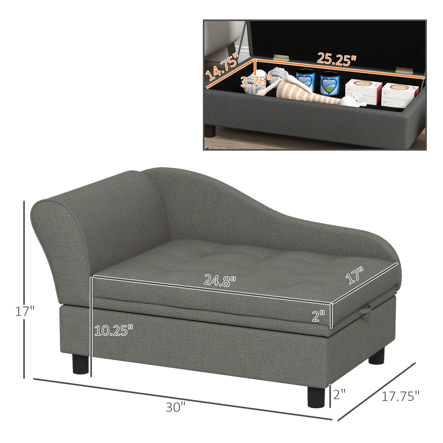 PawHut Elevated Dog Sofa Pet Bed with Storage Soft Cushion for Small Medium Dogs Gray | Aosom.com