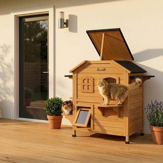 PawHut 2-Story Wooden Outdoor Cat House Feral Shelter with Escape Door Asphalt Roof 4 Platforms Natural | Aosom.com