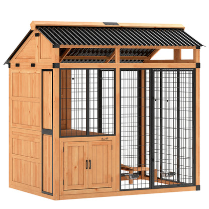PawHut 7' x 5' Extra Large Dog House, Wood Outdoor Dog Kennel with Platform, Storage Cabinet for Large Breeds, Yellow