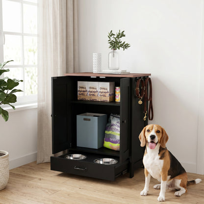 PawHut Pet Feeding Station, Dog Food Storage Cabinet w/ Raised Dog Bowls, Adjustable Panel, Hooks, for Medium Dogs, Black