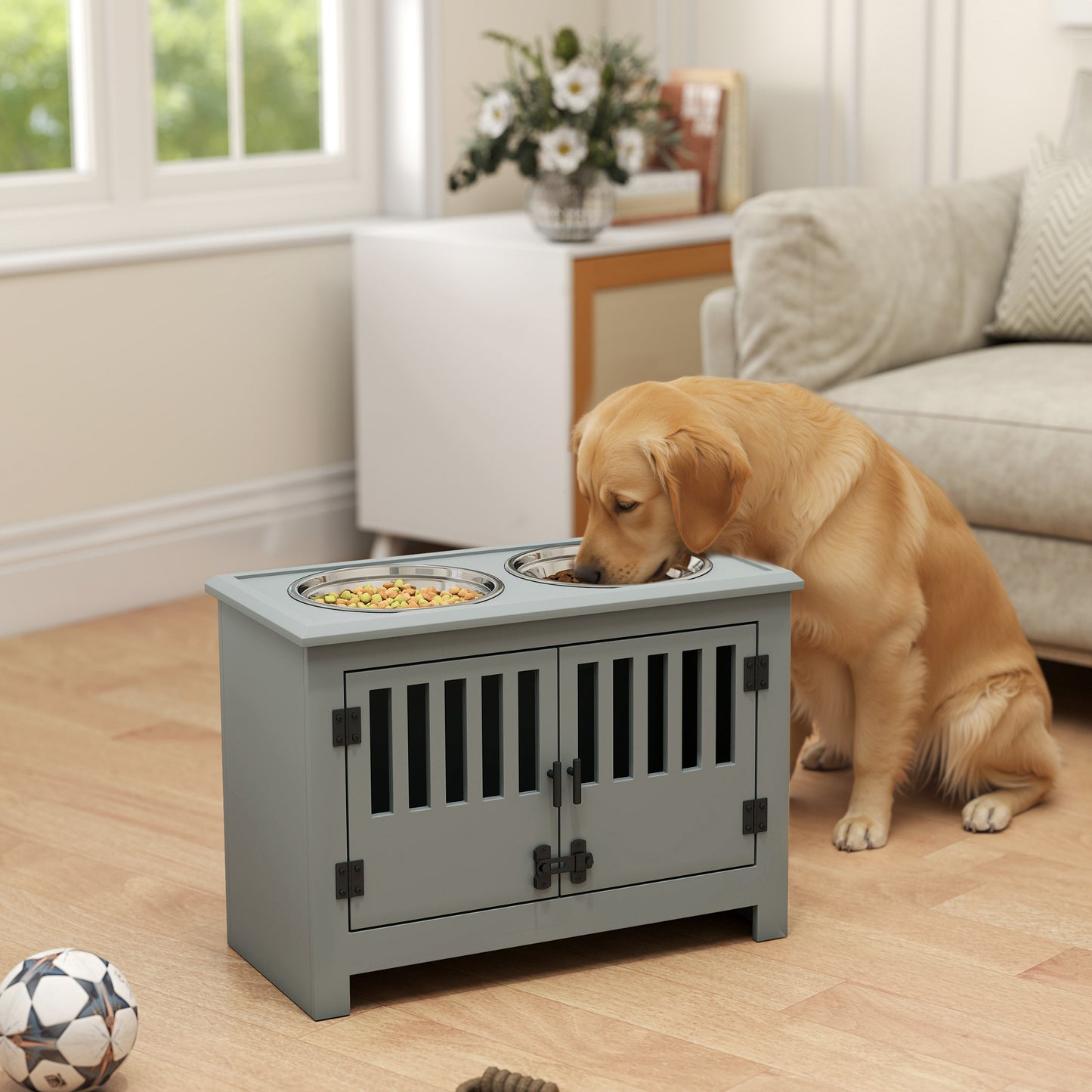 PawHut Pet Food Storage Cabinet with Bowls Raised Dog Feeding Station Gray | Aosom.com