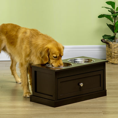 PawHut Double Elevated Dog Bowls for Large Dogs, Raised Dog Feeding Station with 2 Stainless Steel Bowls, Storage Drawer & Wood Stand for Cats, Brown