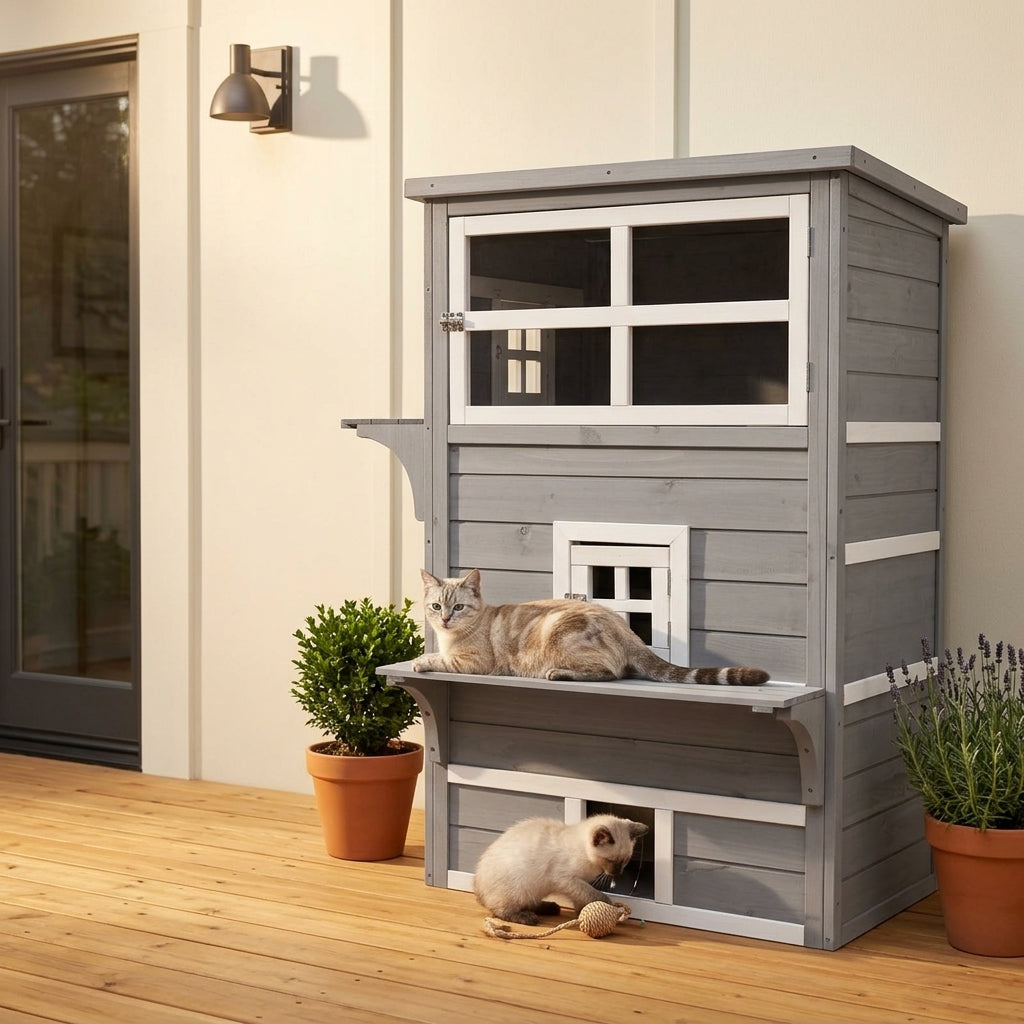 PawHut 3-Tier Feral Cat House Outdoor Kitten Condo with Raised Floor Asphalt Roof Escape Door Jumping Platform Gray | Aosom.com