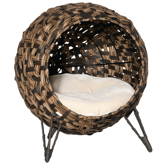 PawHut 20.5 Woven Wicker Cat Bed Elevated Hand-Woven Braided Banana Leaf Kitten House Condo with Cushion Brown | Aosom.com