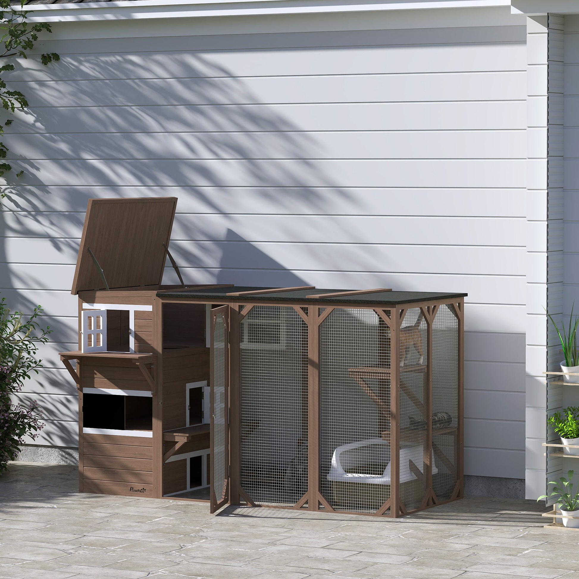 PawHut Large Outdoor Cat House for 3 Kitties, Multi-Level Design with Big Hiding Areas 2 Stories & Multiple Platforms Cat Condo