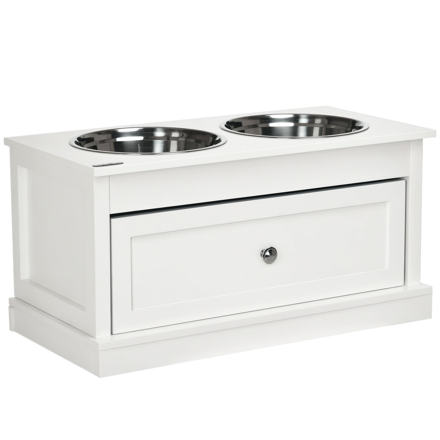PawHut Elevated Dog Bowls Large Dog Feeder Station with 2 Stainless Steel Bowls Storage Drawer Wood Stand White | Aosom.com