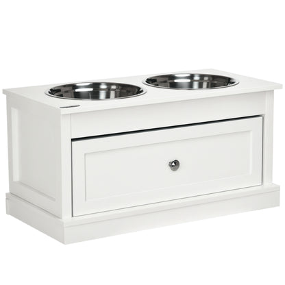 PawHut Elevated Dog Bowls Large Dog Feeder Station with 2 Stainless Steel Bowls Storage Drawer Wood Stand White | Aosom.com