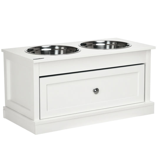 PawHut Elevated Dog Bowls Large Dog Feeder Station with 2 Stainless Steel Bowls Storage Drawer Wood Stand White | Aosom.com