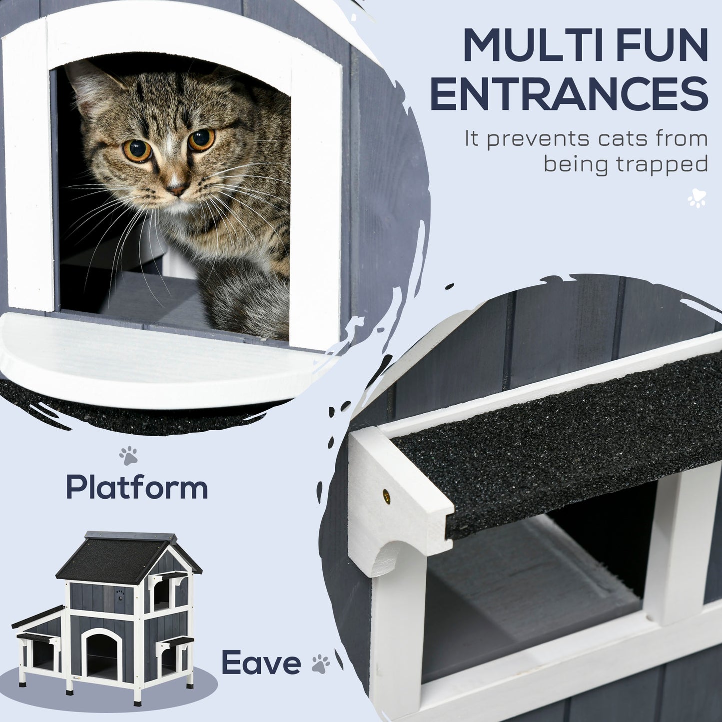 PawHut Outdoor Cat House with Flower Pot, 2-Story Feral Cat House with Weather Resistant Roof, Wooden Cat Shelter with Window, Multiple Entrances