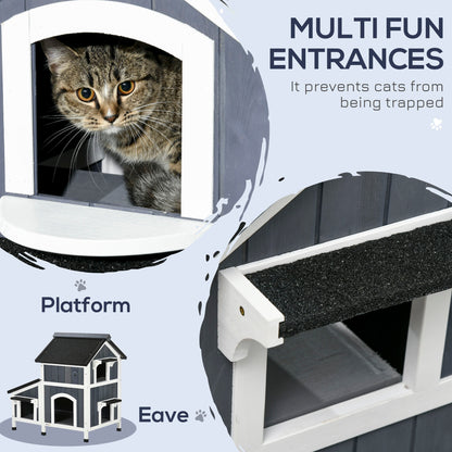 PawHut Outdoor Cat House with Flower Pot, 2-Story Feral Cat House with Weather Resistant Roof, Wooden Cat Shelter with Window, Multiple Entrances