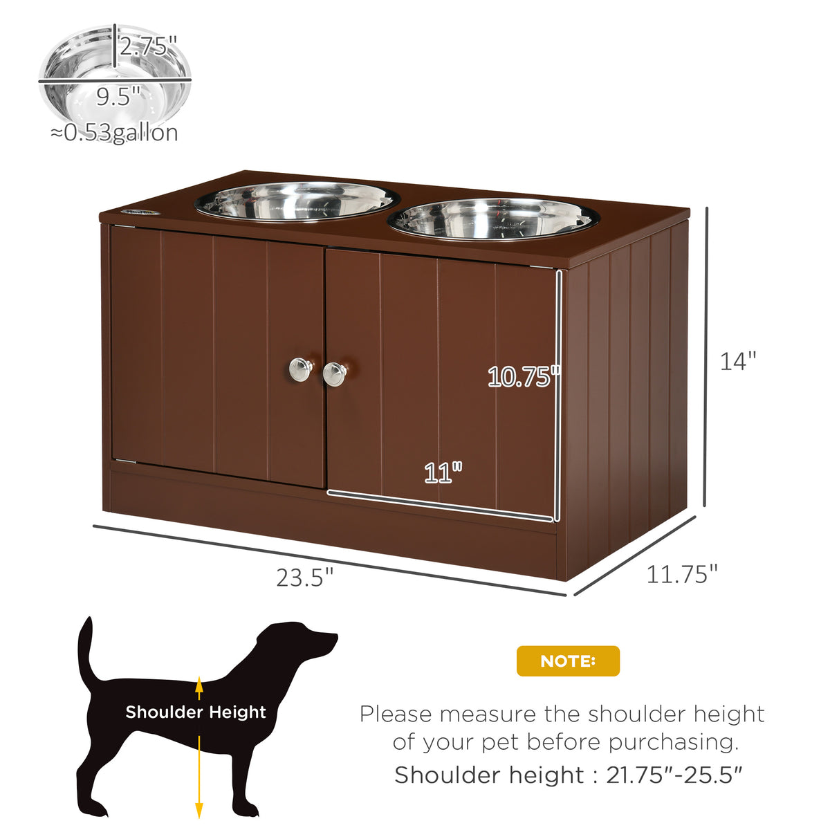 PawHut Elevated Dog Bowls with Storage Cabinet, Raised Dog Bowl Stand Pet Food Bowl Dog Feeding Station, Brown | Aosom.com