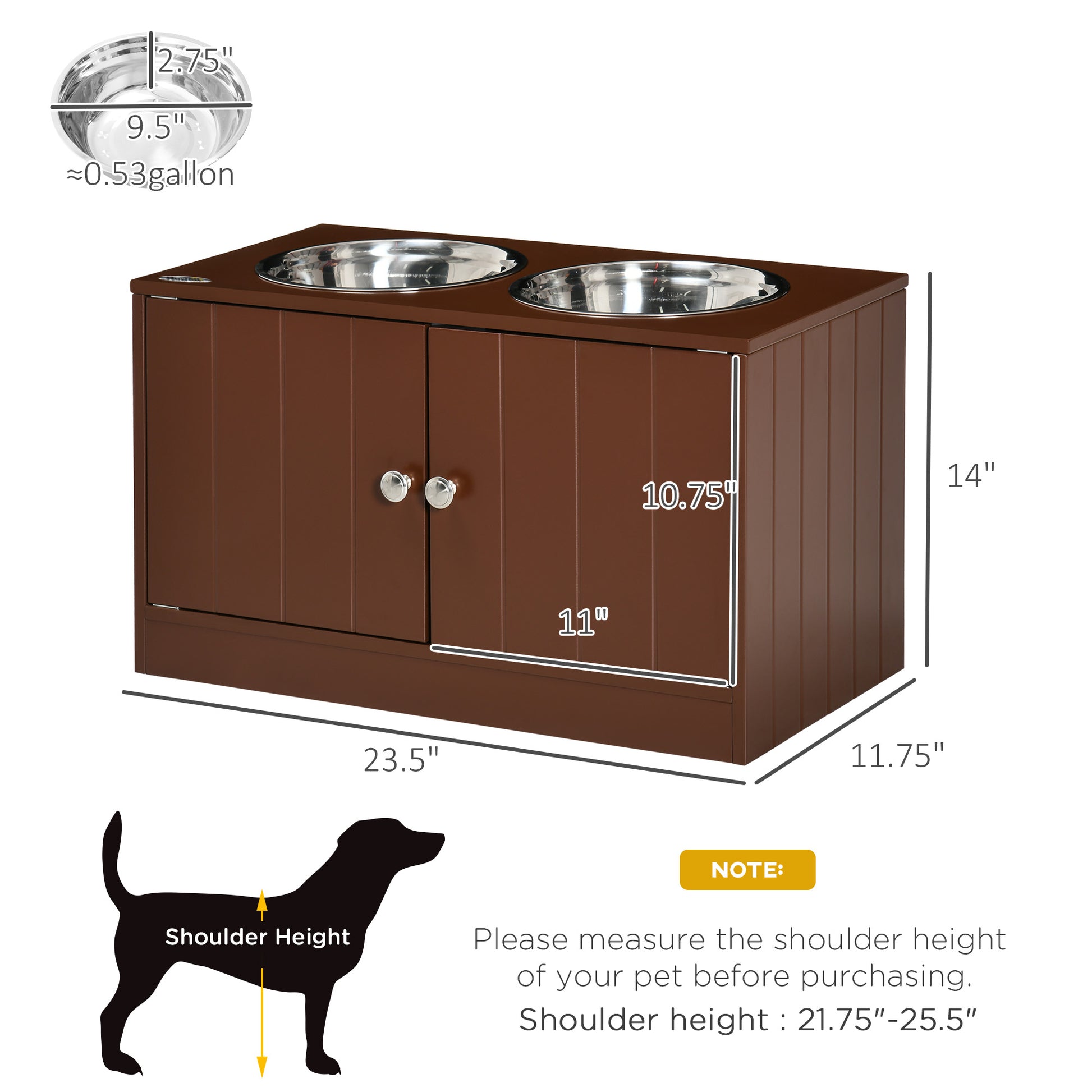 PawHut Elevated Dog Bowls with Storage Cabinet, Raised Dog Bowl Stand Pet Food Bowl Dog Feeding Station, Brown | Aosom.com